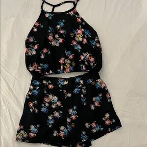 Charlotte Russe Black with Multicolor Floral Design Top & Bottom